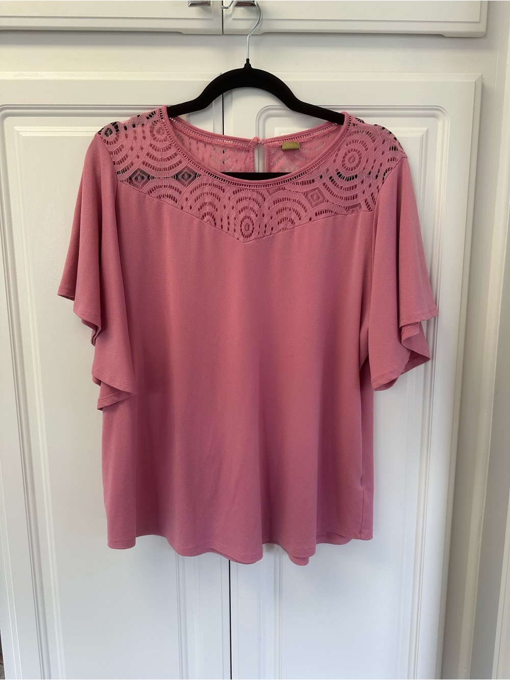 Worthington Pink Lace-Yoke Flutter Sleeve Blouse